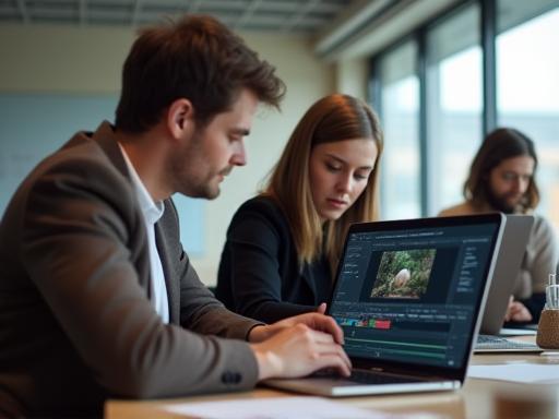 Instructor helping student edit video