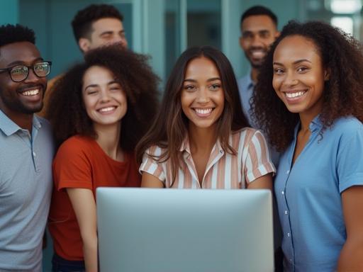 Diverse group of people smiling and collaborating online